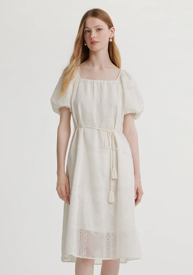 Square Neck Embroidered Midi Dress With Belt